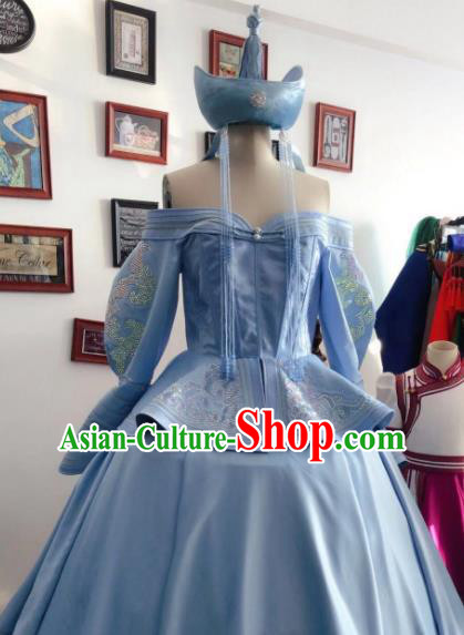 Chinese Mongolian Festival Garment Traditional Ethnic Wedding Costume Mongol Nationality Bride Blue Dress