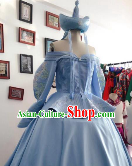 Chinese Mongolian Festival Garment Traditional Ethnic Wedding Costume Mongol Nationality Bride Blue Dress