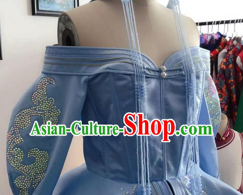 Chinese Mongolian Festival Garment Traditional Ethnic Wedding Costume Mongol Nationality Bride Blue Dress