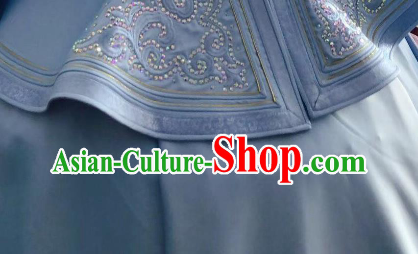 Chinese Mongolian Festival Garment Traditional Ethnic Wedding Costume Mongol Nationality Bride Blue Dress