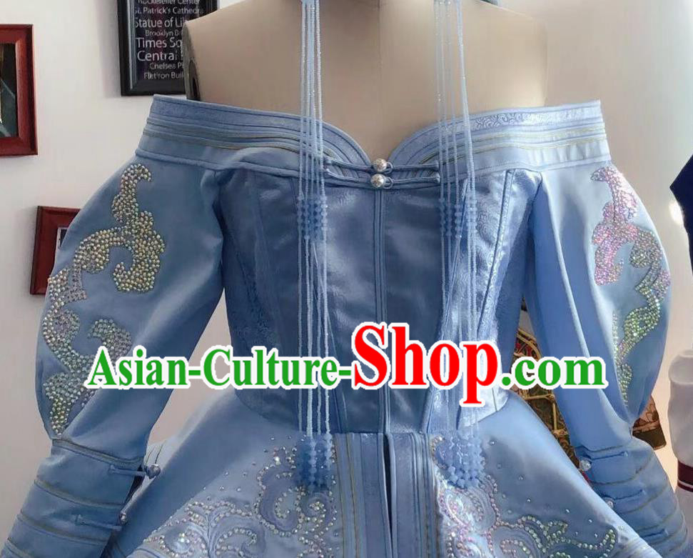 Chinese Mongolian Festival Garment Traditional Ethnic Wedding Costume Mongol Nationality Bride Blue Dress