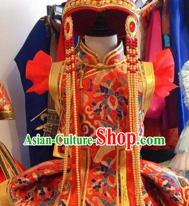 Chinese Mongolian Festival Garment Traditional Ethnic Compere Costume Mongol Nationality Folk Dance Red Dress