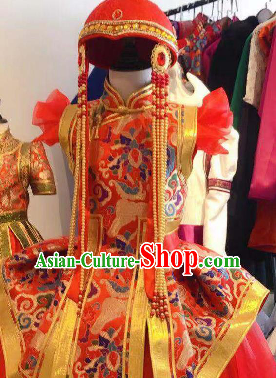 Chinese Mongolian Festival Garment Traditional Ethnic Compere Costume Mongol Nationality Folk Dance Red Dress