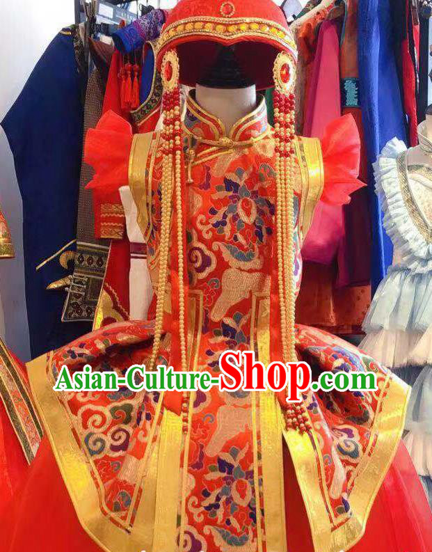 Chinese Mongolian Festival Garment Traditional Ethnic Compere Costume Mongol Nationality Folk Dance Red Dress