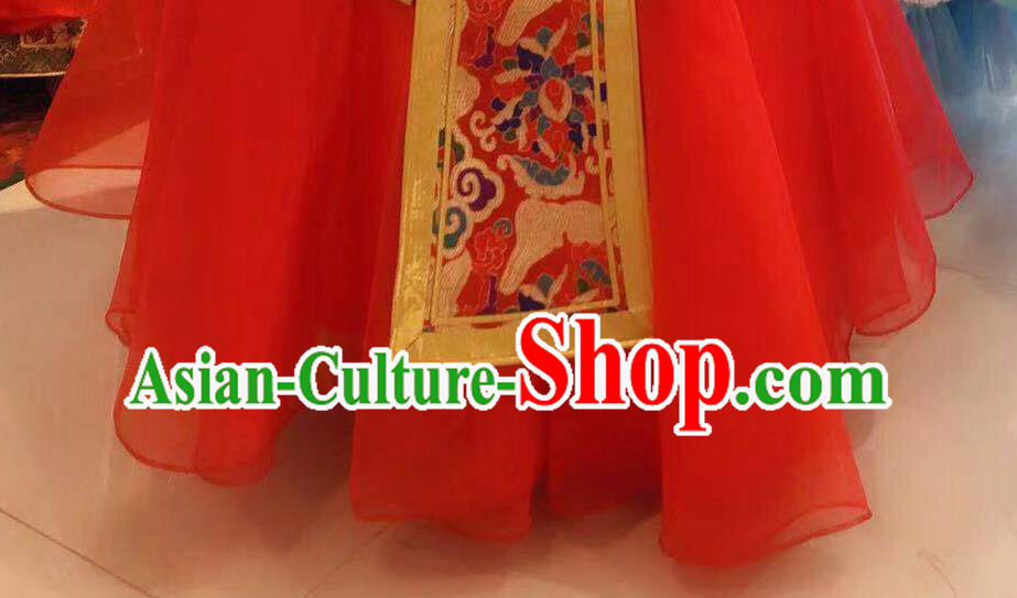 Chinese Mongolian Festival Garment Traditional Ethnic Compere Costume Mongol Nationality Folk Dance Red Dress