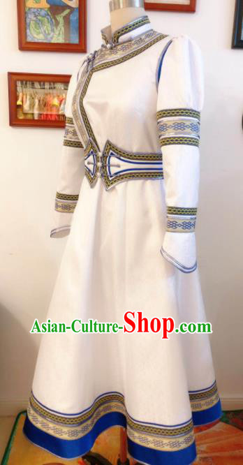 Chinese Mongolian Women Garment Traditional Ethnic Festival Costume Mongol Nationality Folk Dance White Dress