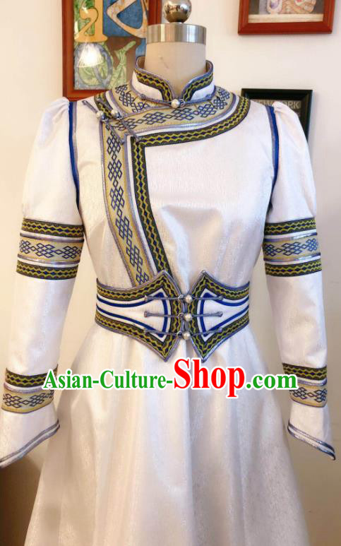 Chinese Mongolian Women Garment Traditional Ethnic Festival Costume Mongol Nationality Folk Dance White Dress