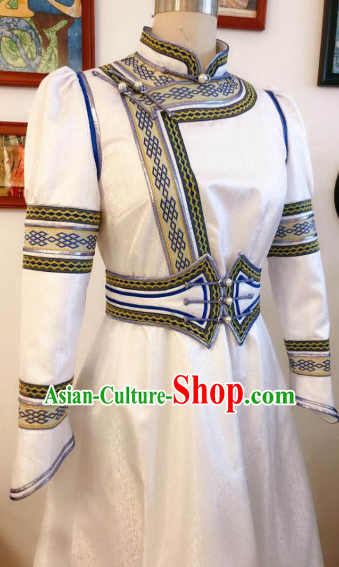Chinese Mongolian Women Garment Traditional Ethnic Festival Costume Mongol Nationality Folk Dance White Dress