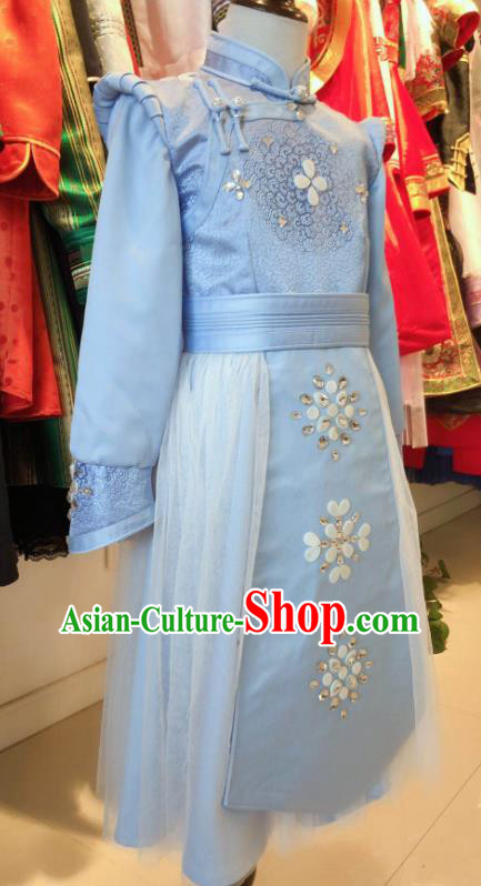 Chinese Mongol Nationality Woman Garment Costume Mongolian Festival Clothing Ethnic Folk Dance Blue Dress