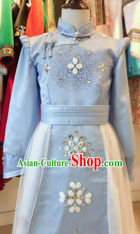 Chinese Mongol Nationality Woman Garment Costume Mongolian Festival Clothing Ethnic Folk Dance Blue Dress