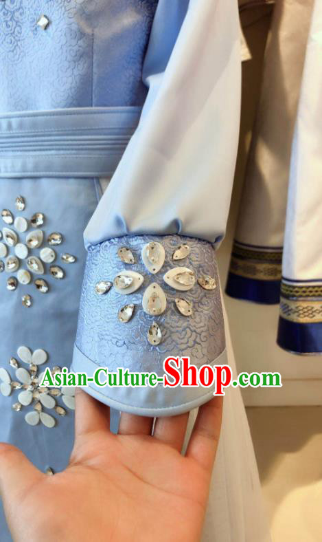 Chinese Mongol Nationality Woman Garment Costume Mongolian Festival Clothing Ethnic Folk Dance Blue Dress