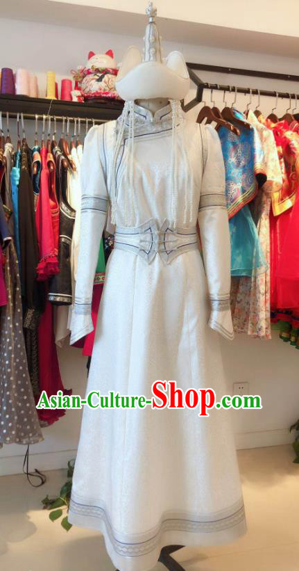 Chinese Mongolian Bride Clothing Ethnic Folk Dance White Dress Mongol Nationality Wedding Garment Costume