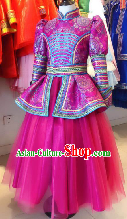 Chinese Mongol Nationality Folk Dance Garment Costume Mongolian Festival Clothing Ethnic Girl Megenta Dress