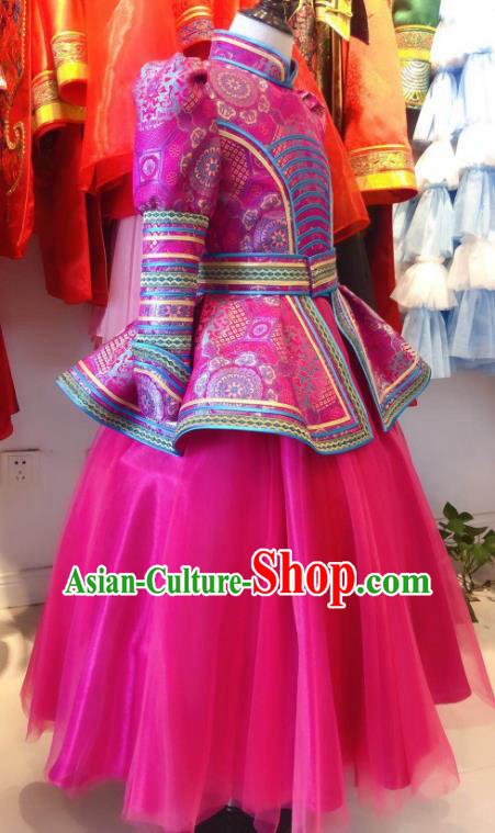 Chinese Mongol Nationality Folk Dance Garment Costume Mongolian Festival Clothing Ethnic Girl Megenta Dress