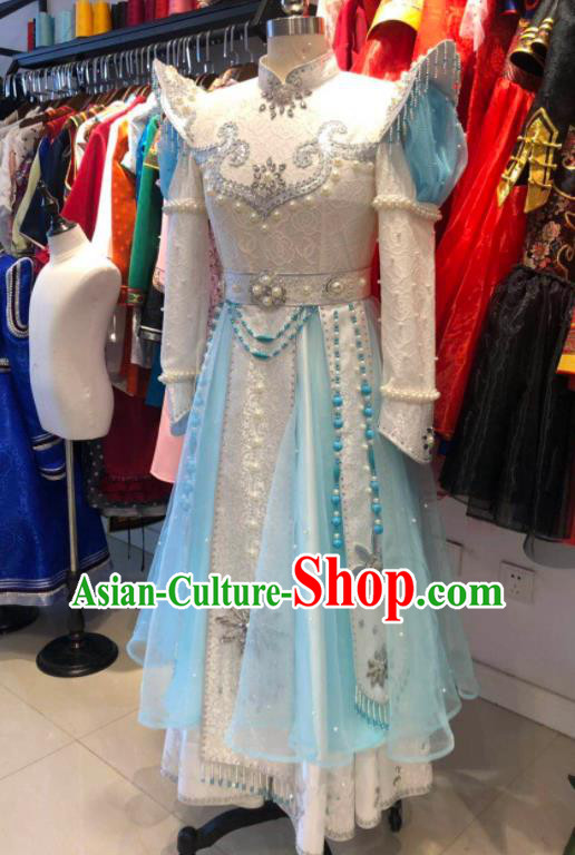 Chinese Mongolian Folk Dance Clothing Ethnic Festival Girl Dress Mongol Nationality Garment Costume and Hat