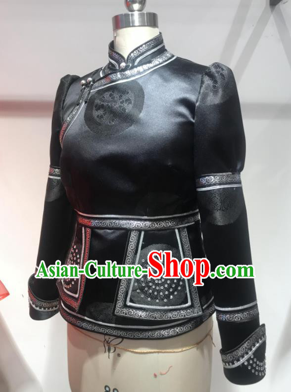Chinese Mongolian Folk Dance Clothing Ethnic Stage Performance Mandarin Jacket Mongol Nationality Woman Black Coat