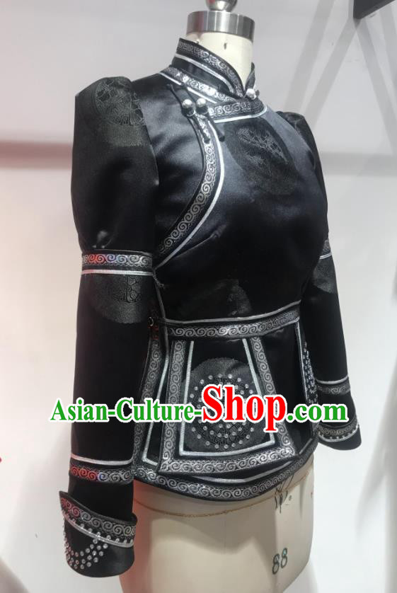 Chinese Mongolian Folk Dance Clothing Ethnic Stage Performance Mandarin Jacket Mongol Nationality Woman Black Coat