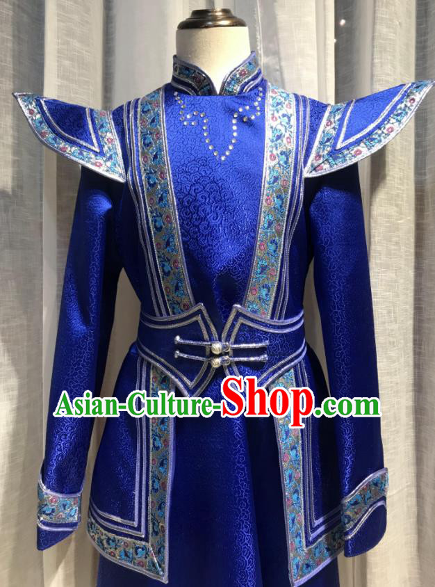 Chinese Ethnic Costumes Mongol Nationality Boy Royal Blue Garment Mongolian Festival Dance Clothing