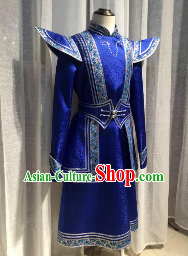 Chinese Ethnic Costumes Mongol Nationality Boy Royal Blue Garment Mongolian Festival Dance Clothing