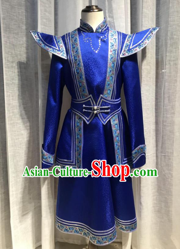 Chinese Ethnic Costumes Mongol Nationality Boy Royal Blue Garment Mongolian Festival Dance Clothing