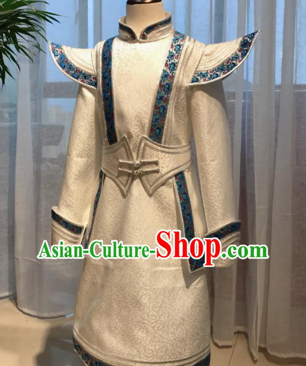 Chinese Mongol Nationality Boy White Garment Mongolian Festival Dance Clothing Ethnic Costume