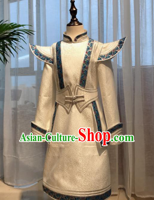 Chinese Mongol Nationality Boy White Garment Mongolian Festival Dance Clothing Ethnic Costume