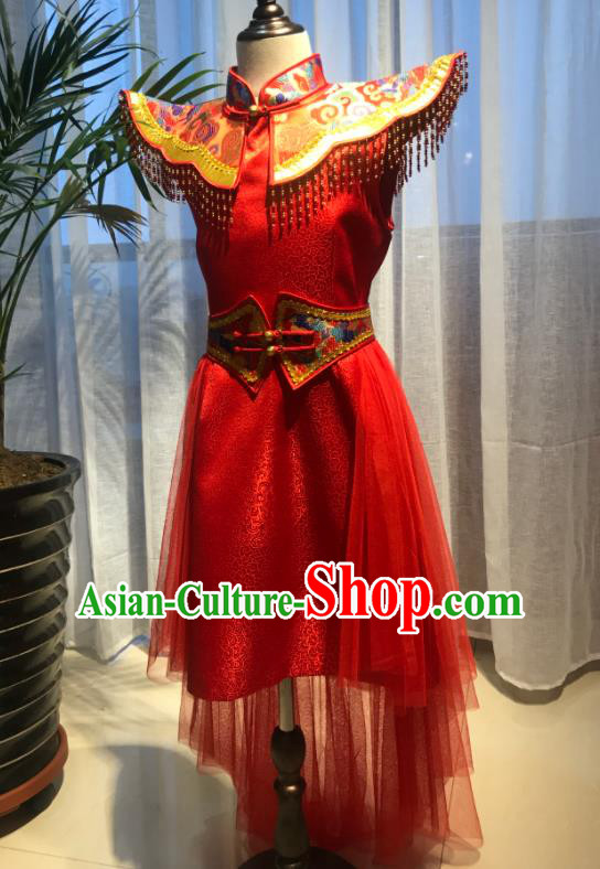 Chinese Mongolian Girl Dance Red Dress Ethnic Children Clothing Mongol Nationality Performance Costume