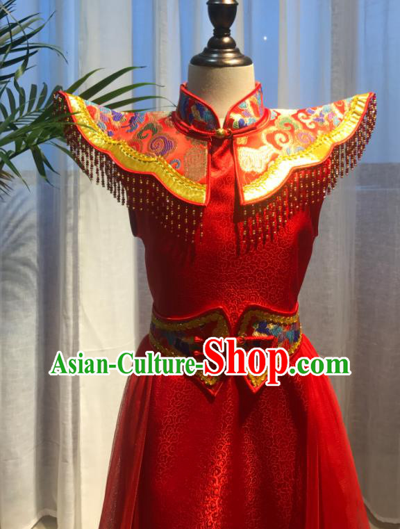 Chinese Mongolian Girl Dance Red Dress Ethnic Children Clothing Mongol Nationality Performance Costume