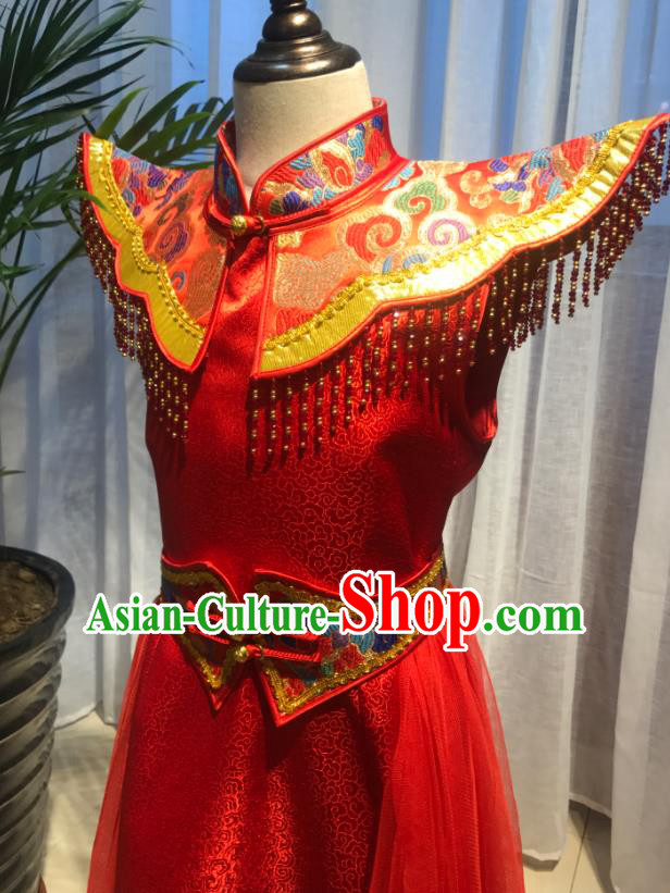 Chinese Mongolian Girl Dance Red Dress Ethnic Children Clothing Mongol Nationality Performance Costume