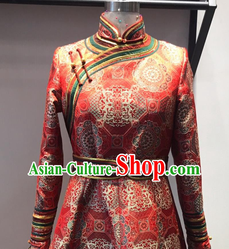 Chinese Mongol Nationality Wedding Garment Costume Mongolian Folk Dance Red Brocade Dress Ethnic Stage Performance Clothing