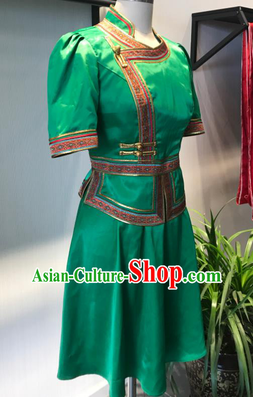 Chinese Ethnic Waitress Clothing Mongol Nationality Woman Garment Costume Mongolian Folk Dance Green Dress