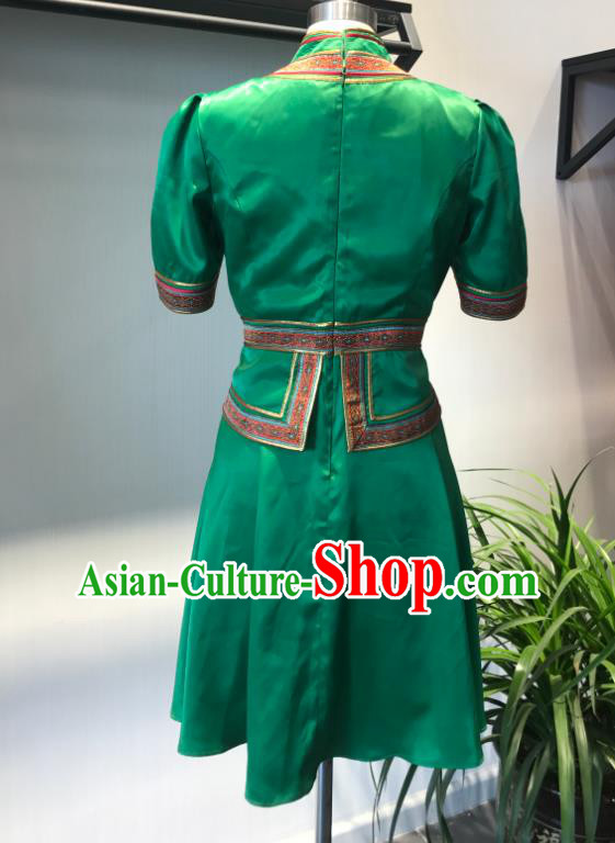 Chinese Ethnic Waitress Clothing Mongol Nationality Woman Garment Costume Mongolian Folk Dance Green Dress