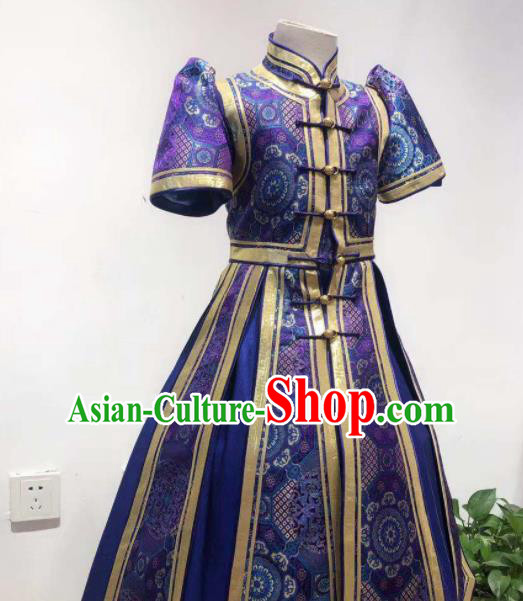 Chinese Ethnic Children Clothing Mongol Nationality Folk Dance Costume Mongolian Girl Performance Deep Blue Dress