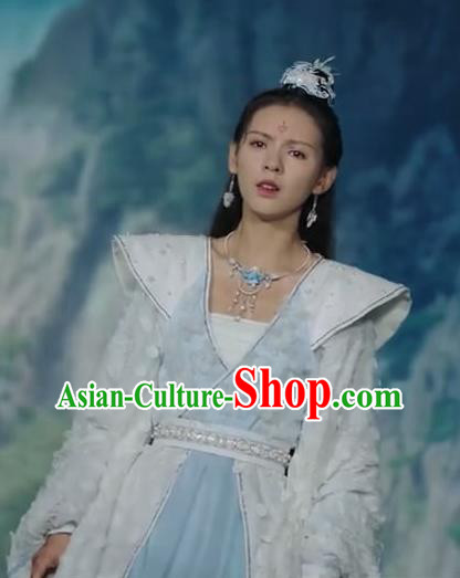 Chinese Ancient Fairy Beauty Blue Dress Romance Movie Mermaid Bound Bai Qiulian Garment Costume