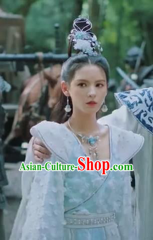 Chinese Ancient Fairy Beauty Blue Dress Romance Movie Mermaid Bound Bai Qiulian Garment Costume