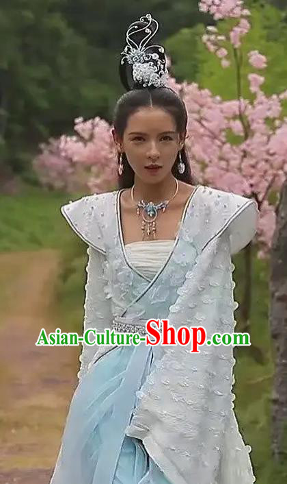 Chinese Ancient Fairy Beauty Blue Dress Romance Movie Mermaid Bound Bai Qiulian Garment Costume