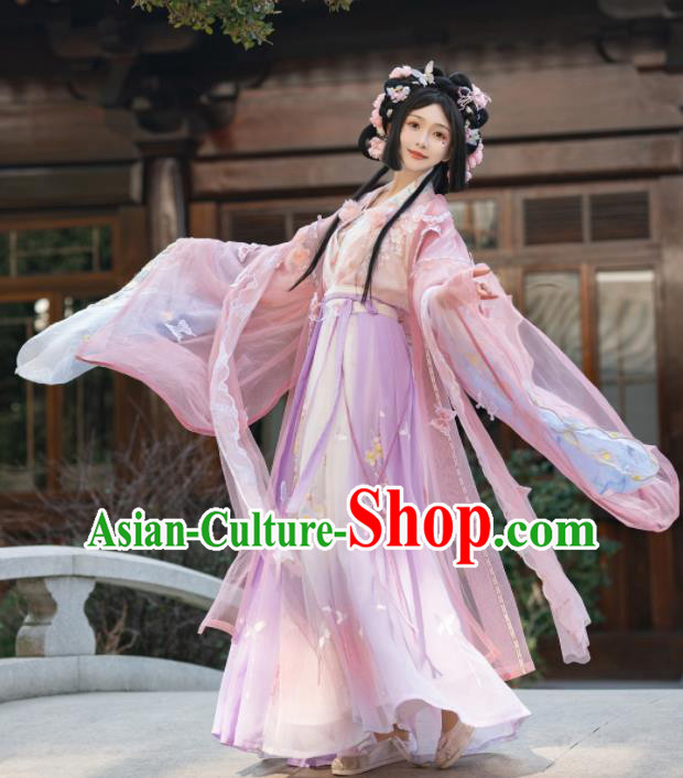 Chinese Ancient Flower Fairy Clothing Southern and Northern Dynasties Princess Garment Costumes Traditional Pink Hanfu Dress