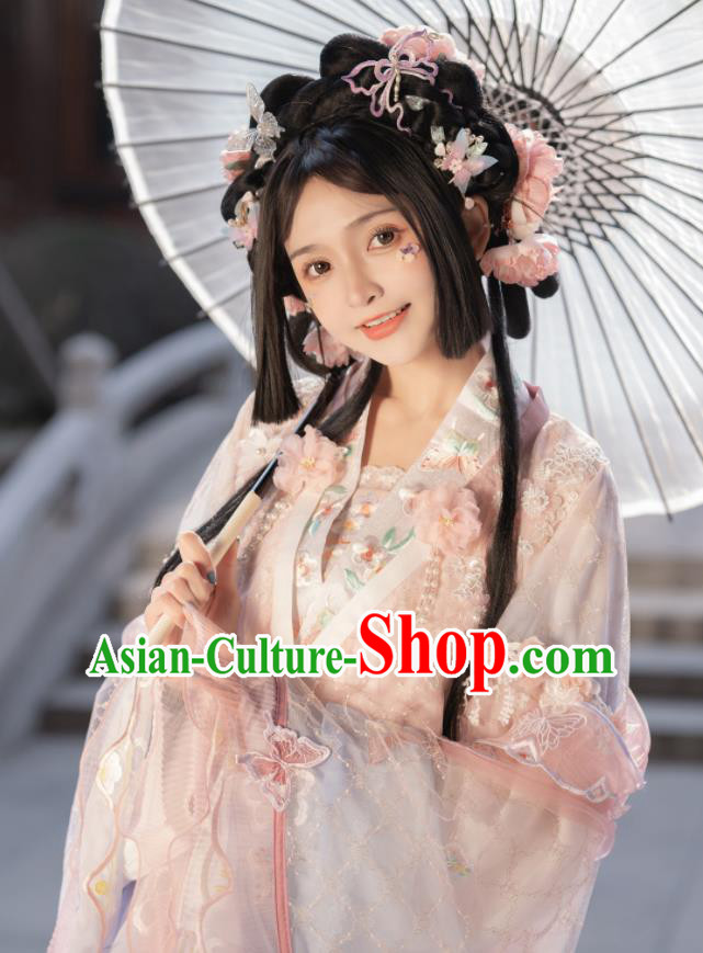 Chinese Ancient Flower Fairy Clothing Southern and Northern Dynasties Princess Garment Costumes Traditional Pink Hanfu Dress