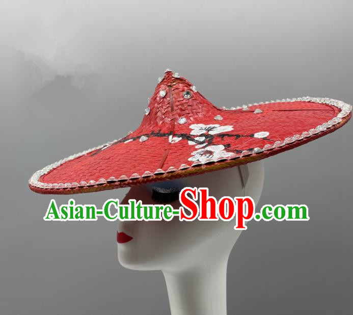 Chinese Ethnic Stage Performance Red Bamboo Hat Yunnan Minority Peacock Dance Headwear Dai Nationality Woman Headdress