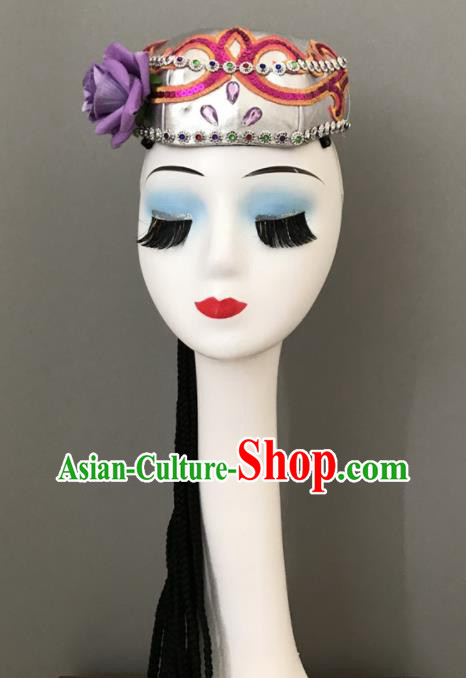 Chinese Uyghur Nationality Woman Headdress Ethnic Stage Performance Argent Hat Xinjiang Minority Dance Braids Headwear