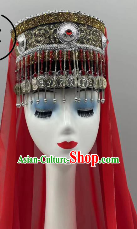 Chinese Uyghur Nationality Woman Tassels Headdress Ethnic Stage Performance Red Veil Hat Xinjiang Minority Dance Headwear