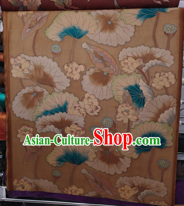 Chinese Classical Lotus Pattern Design Gambiered Guangdong Gauze Fabric Traditional Cheongsam Light Brown Silk Material