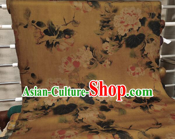 Chinese Traditional Cheongsam Yellow Silk Material Classical Peony Pattern Design Gambiered Guangdong Gauze Fabric