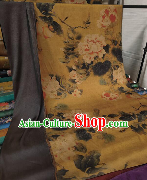 Chinese Traditional Cheongsam Yellow Silk Material Classical Peony Pattern Design Gambiered Guangdong Gauze Fabric
