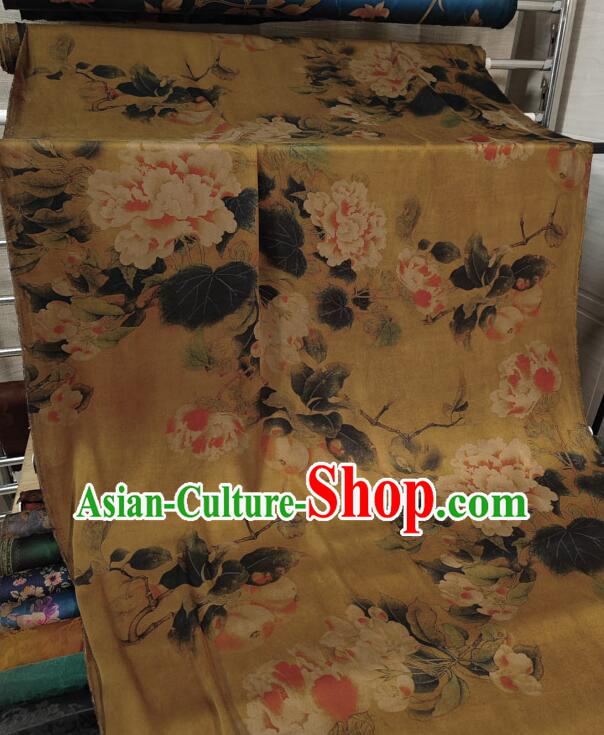 Chinese Traditional Cheongsam Yellow Silk Material Classical Peony Pattern Design Gambiered Guangdong Gauze Fabric