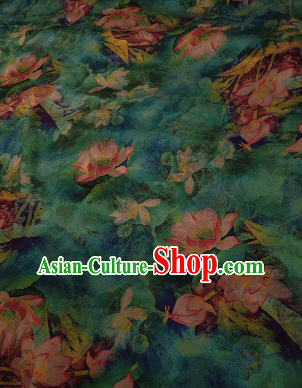 Chinese Classical Lotus Pattern Design Gambiered Guangdong Gauze Fabric Traditional Cheongsam Green Silk Material