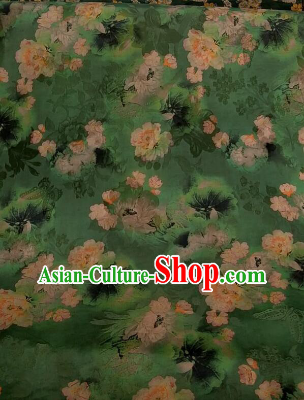 Asian Chinese Traditional Peony Pattern Design Gambiered Guangdong Gauze Fabric Green Silk Material
