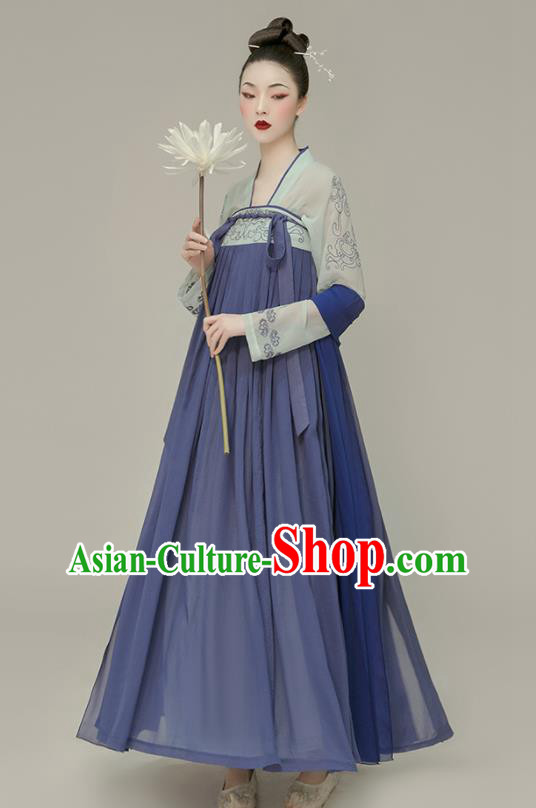 Chinese Ancient Court Lady Clothing Tang Dynasty Blue Hanfu Dress Traditional Princess Garment Costumes