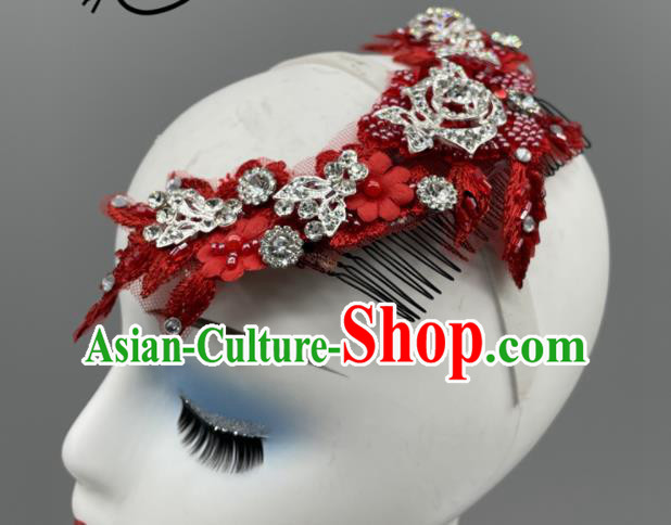 Chinese Yangko Dance Red Flower Headwear Women Group Dance Hair Jewelry Stage Performance Hair Comb Folk Dance Headpiece