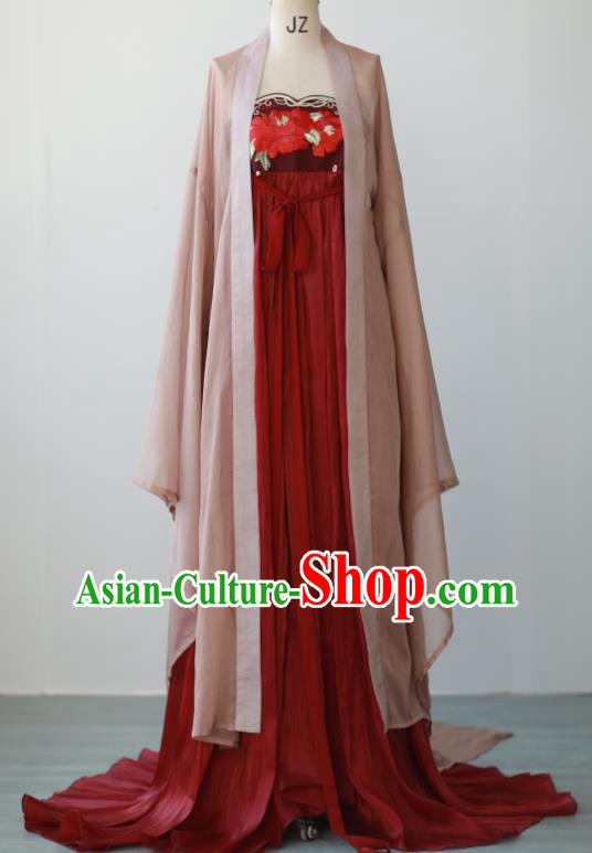 Chinese Tang Dynasty Princess Garment Costumes Traditional Dark Red Hanfu Dresses Ancient Goddess Clothing